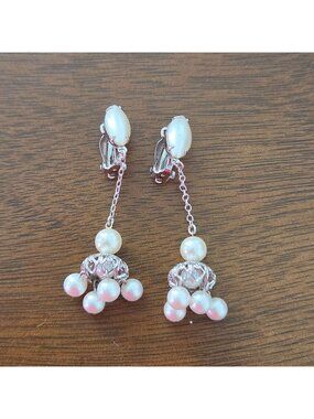 Lewis Segal Faux Pearl Cluster Dangle Silver Tone Clip On Vintage 60s Earrings